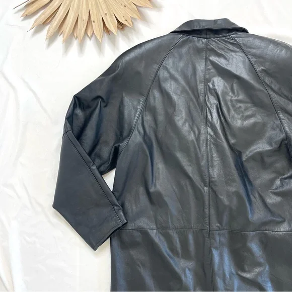 Vintage GIII Leather Long Black Button Front Trench Matrix Coat Size Small